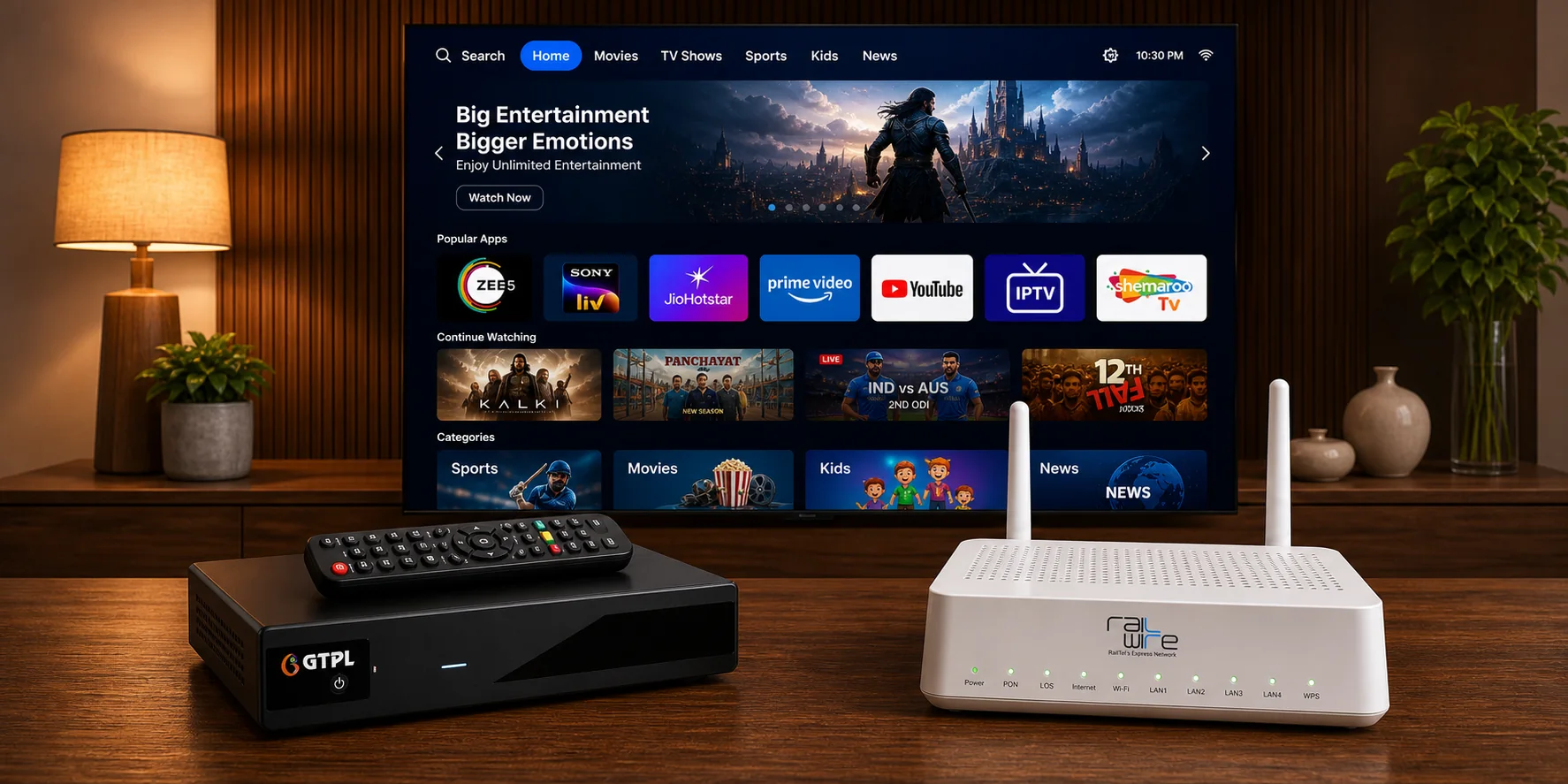 GTPL set-top box, RailWire router, and OTT entertainment dashboard on TV